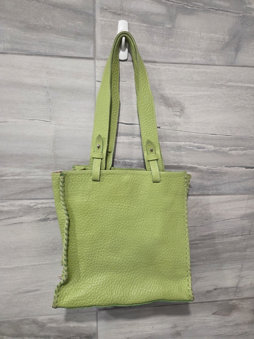 Vintage Cecconi Piero Firenze Italian Leather Lime Green Whipstitch Tote Bag